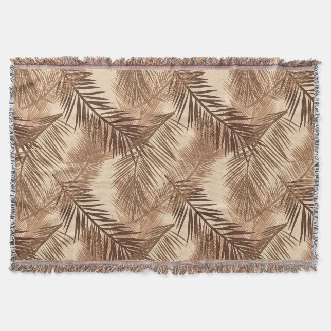 Palm Leaf Print, Dark Brown, Tan and Beige Throw Blanket (Front)
