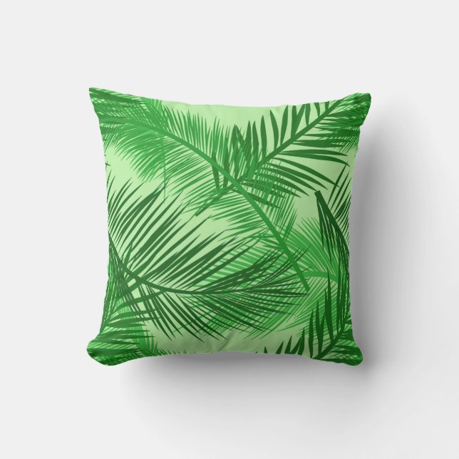 Palm Leaf Print, Emerald and Light Lime Green Outdoor Cushion (Front)
