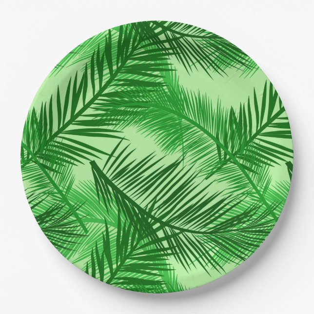 Palm Leaf Print, Emerald and Light Lime Green  Paper Plate (Front)