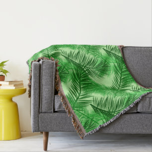 Palm Leaf Print, Emerald and Light Lime Green Throw Blanket