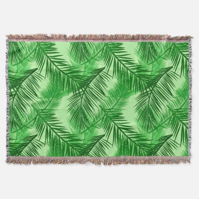Palm Leaf Print, Emerald and Light Lime Green Throw Blanket (Front)