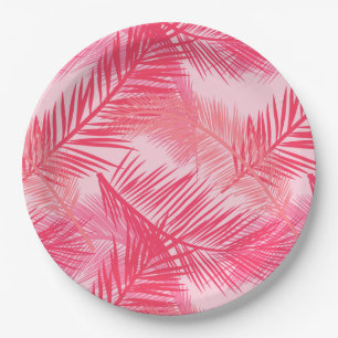 Palm Leaf Print, Fuchsia, Coral and Pastel Pink  Paper Plate