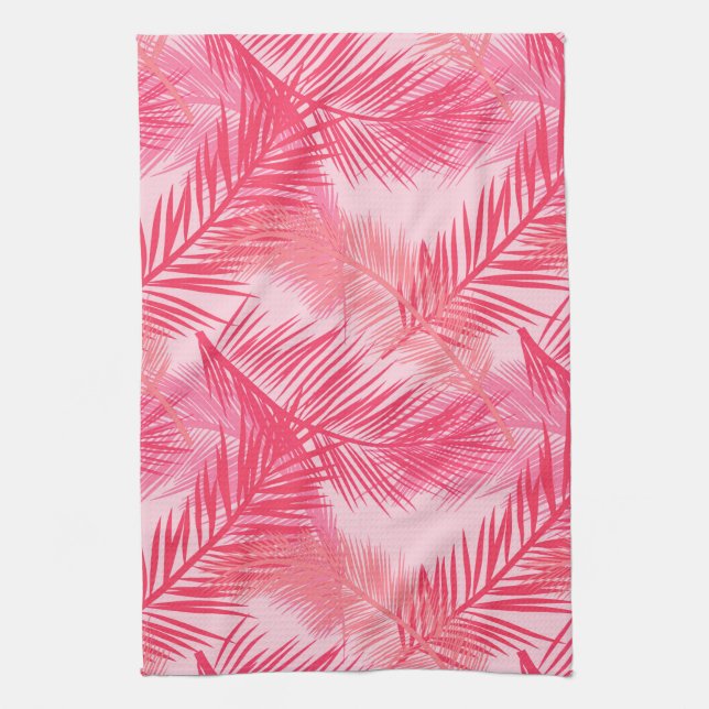 Palm Leaf Print, Fuchsia, Coral and Pastel Pink  Tea Towel (Vertical)