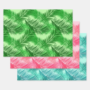 Palm Leaf Print, Green, Turquoise, Coral Pink Wrapping Paper Sheet