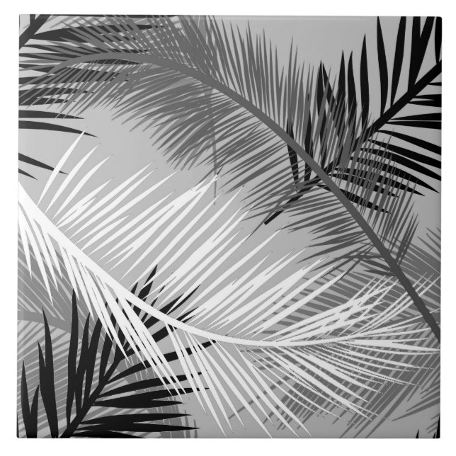 Palm Leaf Print, Grey / Grey, Black and White Ceramic Tile (Front)