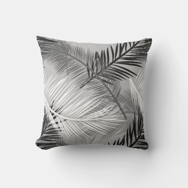 Palm Leaf Print, Grey / Grey, Black and White Outdoor Cushion (Front)