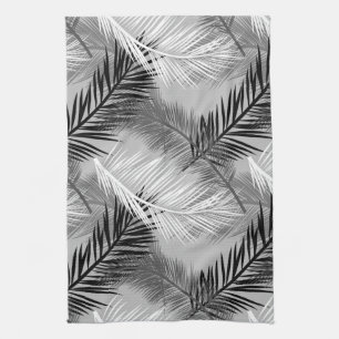 Palm Leaf Print, Grey / Grey, Black and White Tea Towel