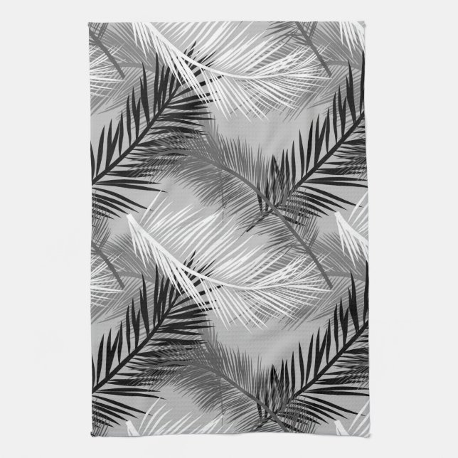 Palm Leaf Print, Grey / Grey, Black and White Tea Towel (Vertical)