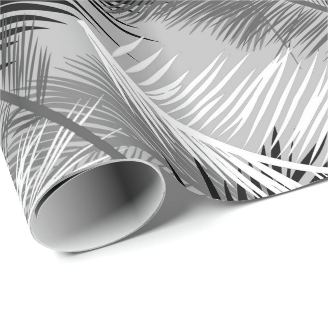 Palm Leaf Print, Grey / Grey, Black and White Wrapping Paper (Roll Corner)