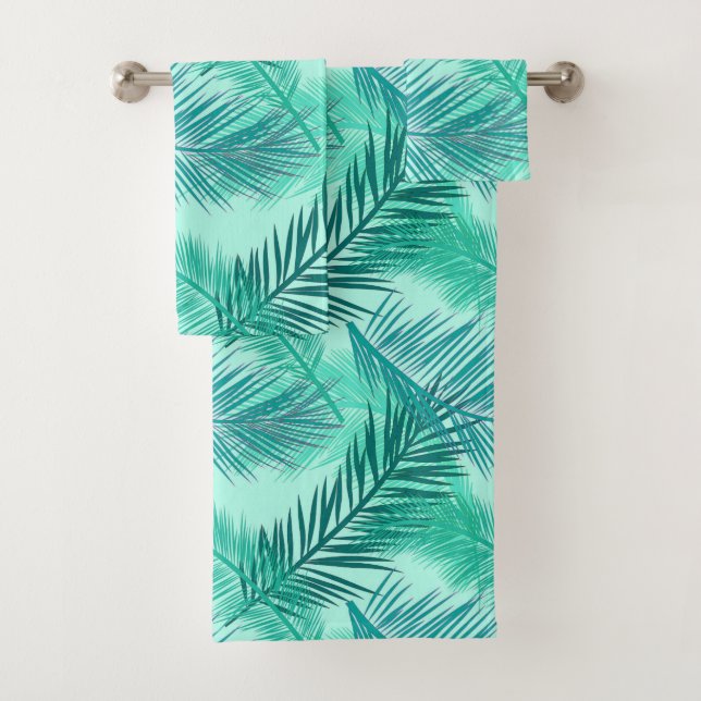 Palm Leaf Print, Turquoise, Teal and Aqua Bath Towel Set (Insitu)