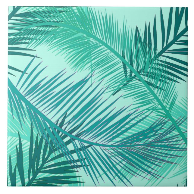 Palm Leaf Print, Turquoise, Teal and Aqua Ceramic Tile (Front)