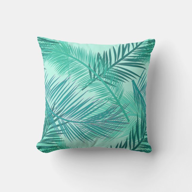 Palm Leaf Print, Turquoise, Teal and Light Aqua Outdoor Cushion (Front)