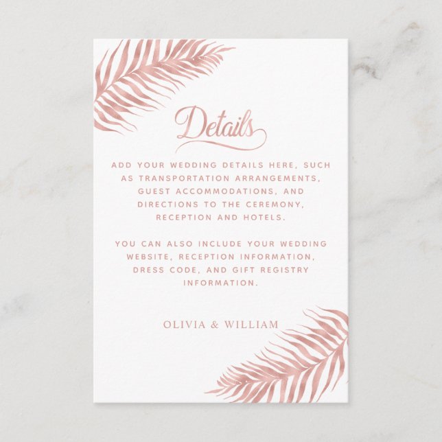 Palm Leaf Rose Gold White Elegant Wedding Details Enclosure Card (Front)