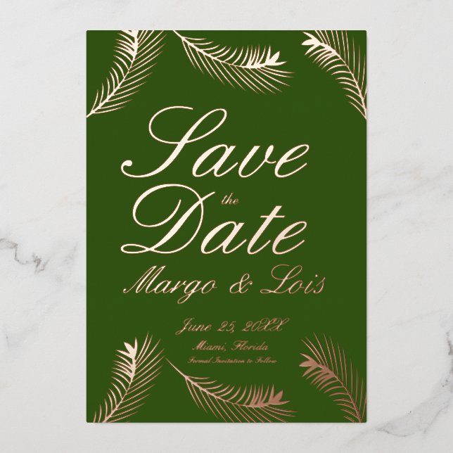 Palm Leaf Save the Date Green Gold Pressed  (Front)