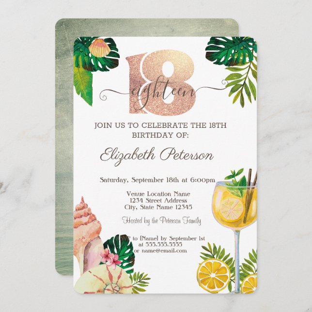 Palm Leaf Seashells Cocktail Summer 18th Birthday  Invitation (Front/Back)
