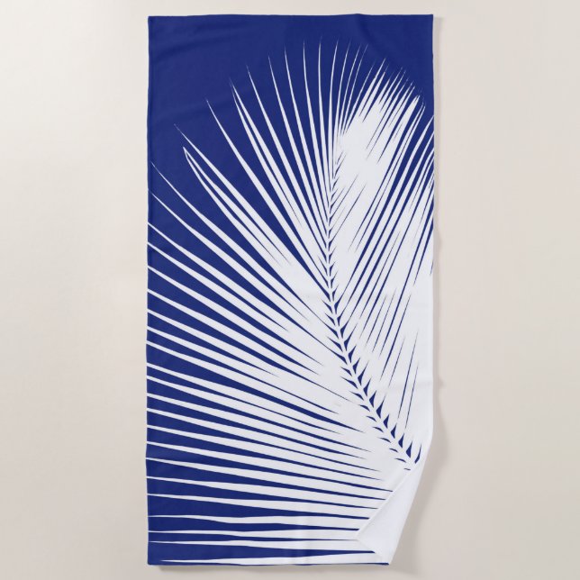 Palm Leaf Silhouette, Navy Blue and White Beach Towel (Front)