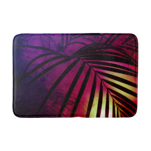 Palm leaf sunset tropical purple yellow black beac bath mat