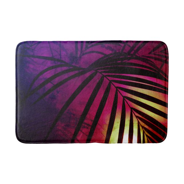 Palm leaf sunset tropical purple yellow black beac bath mat (Front)