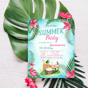 Palm Leaf,Tropical Flowers,Fruits  Birthday Party Invitation
