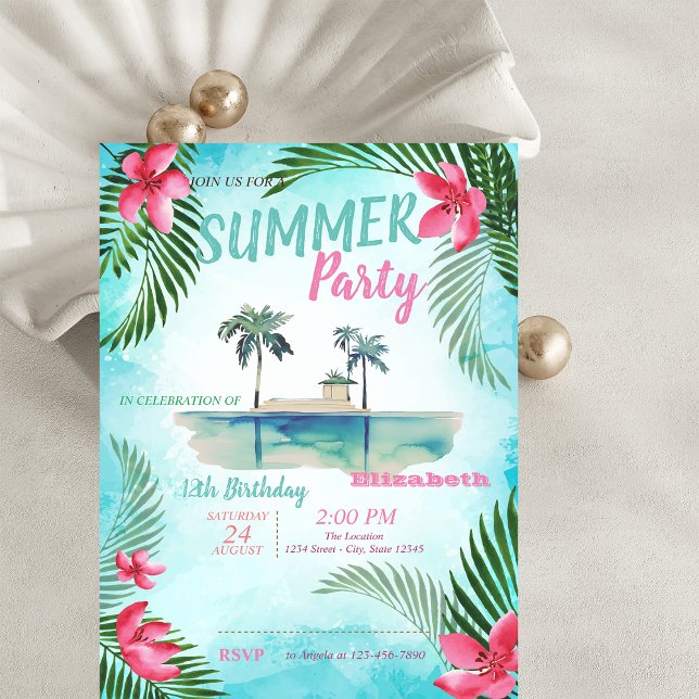Palm Leaf,Tropical Flowers,Island  Birthday Party Invitation (Creator Uploaded)
