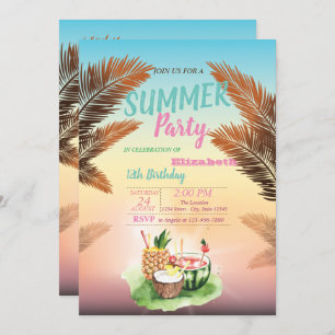 Palm Leaf,Tropical Fruits  Birthday Party Invitation