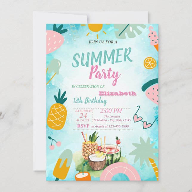Palm Leaf,Tropical Fruits  Birthday Party Invitation (Front)