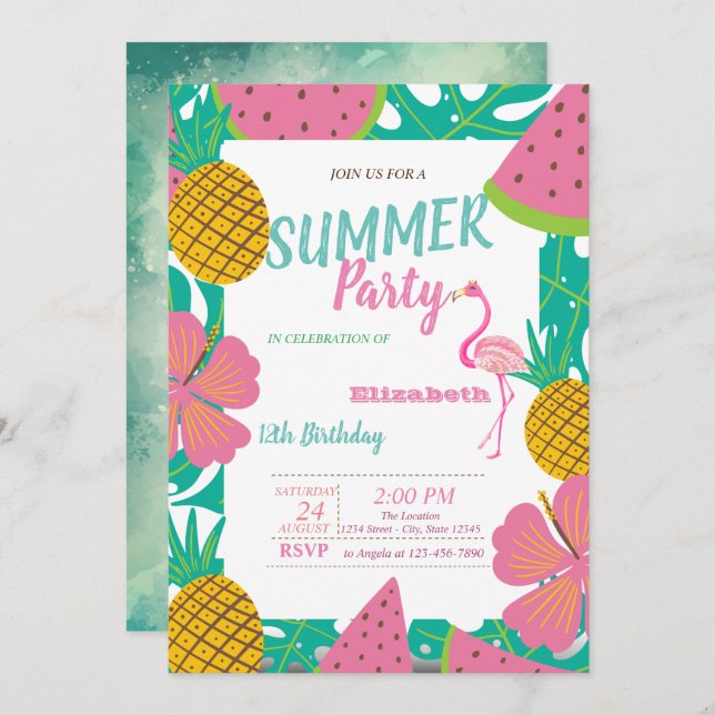 Palm Leaf,Tropical Fruits Pink Flamingo Birthday  Invitation (Front/Back)