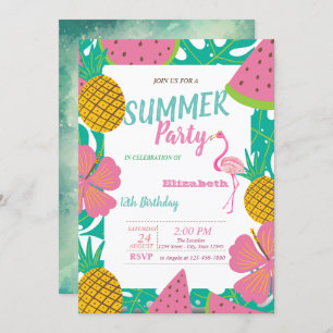 Palm Leaf,Tropical Fruits Pink Flamingo Birthday  Invitation