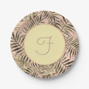 Palm leaf tropical peach and gold paper plate