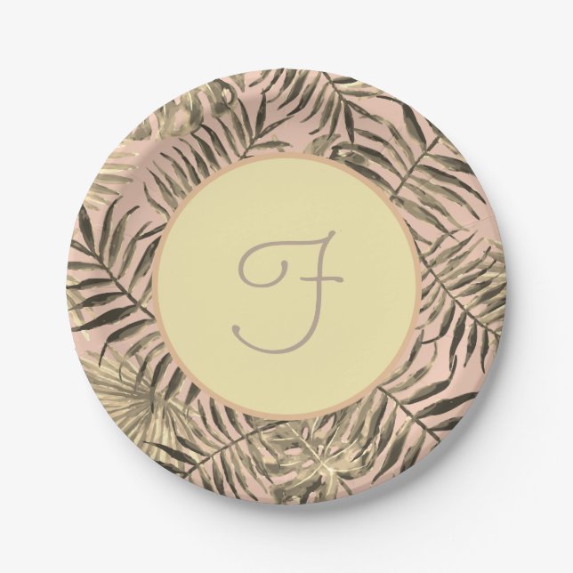 Palm leaf tropical peach and gold paper plate (Front)
