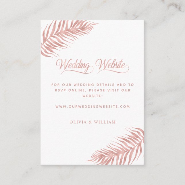 Palm Leaf Tropical Rose Gold White Wedding Website Enclosure Card (Front)