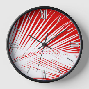 Palm leaf - white and dark coral red wall clock