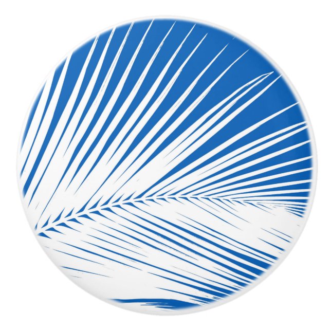 Palm leaf - white on cobalt blue ceramic knob (Front)