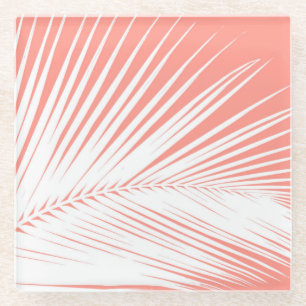 Palm leaf - white on coral pink glass coaster