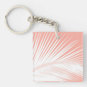 Palm leaf - white on coral pink key ring