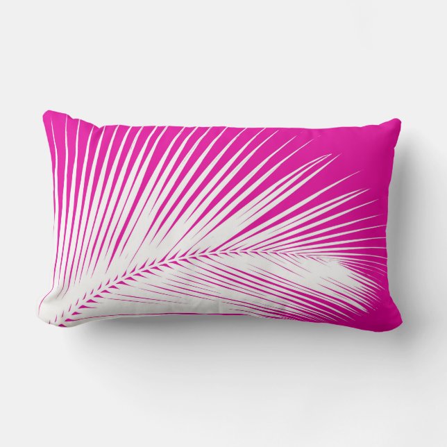 Palm leaf - white on fuchsia pink lumbar cushion (Front)