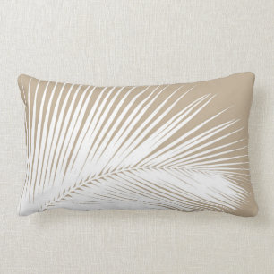 Palm leaf - white on taupe tan lumbar cushion