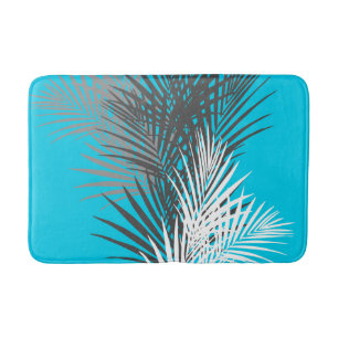 Palm leaves, abstract, modern, teal, grey, white bath mat