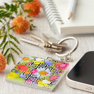 Palm Leaves And Flowers Key Ring