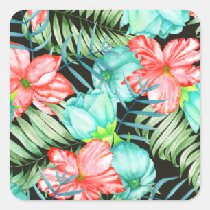 Palm Leaves And Flowers Square Sticker