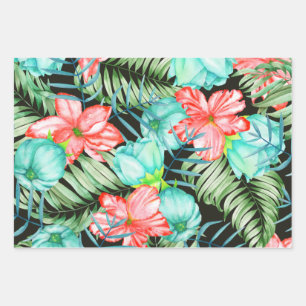 Palm Leaves And Flowers Wrapping Paper Sheet