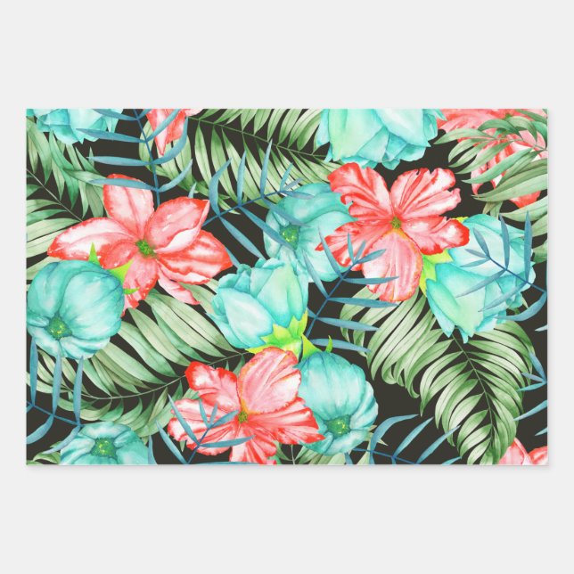 Palm Leaves And Flowers Wrapping Paper Sheet (Front)