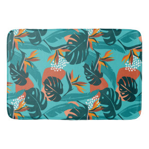 Palm leaves and hibiscus flower tropical pattern bath mat