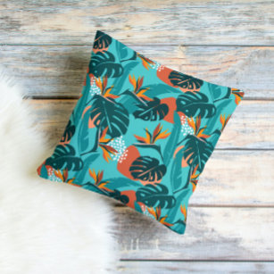 Palm leaves and hibiscus flower tropical pattern cushion