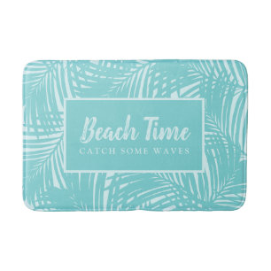 Palm Leaves Beach Time Mod Turquoise Blue Pattern Bath Mat