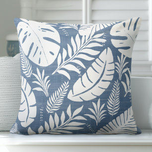 Palm Leaves Blue and White Throw Pillow