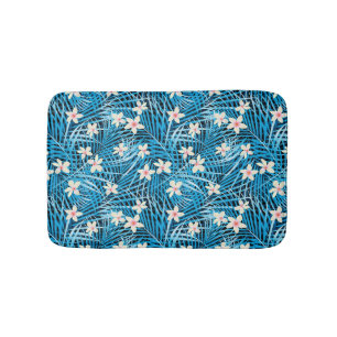 Palm Leaves Blue Pattern Bath Mat