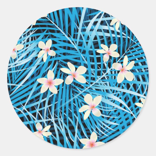 Palm Leaves Blue Pattern Classic Round Sticker (Front)