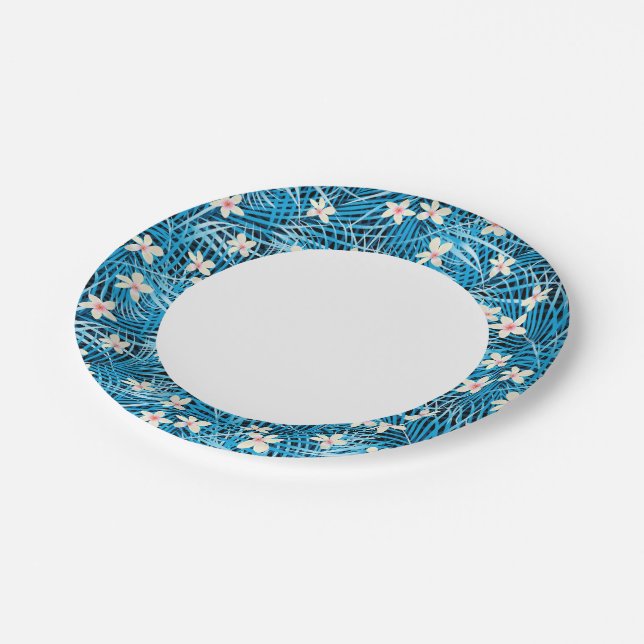 Palm Leaves Blue Pattern Paper Plate (Angled)