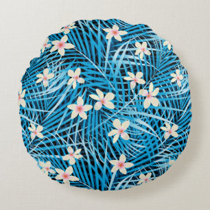 Palm Leaves Blue Pattern Round Cushion